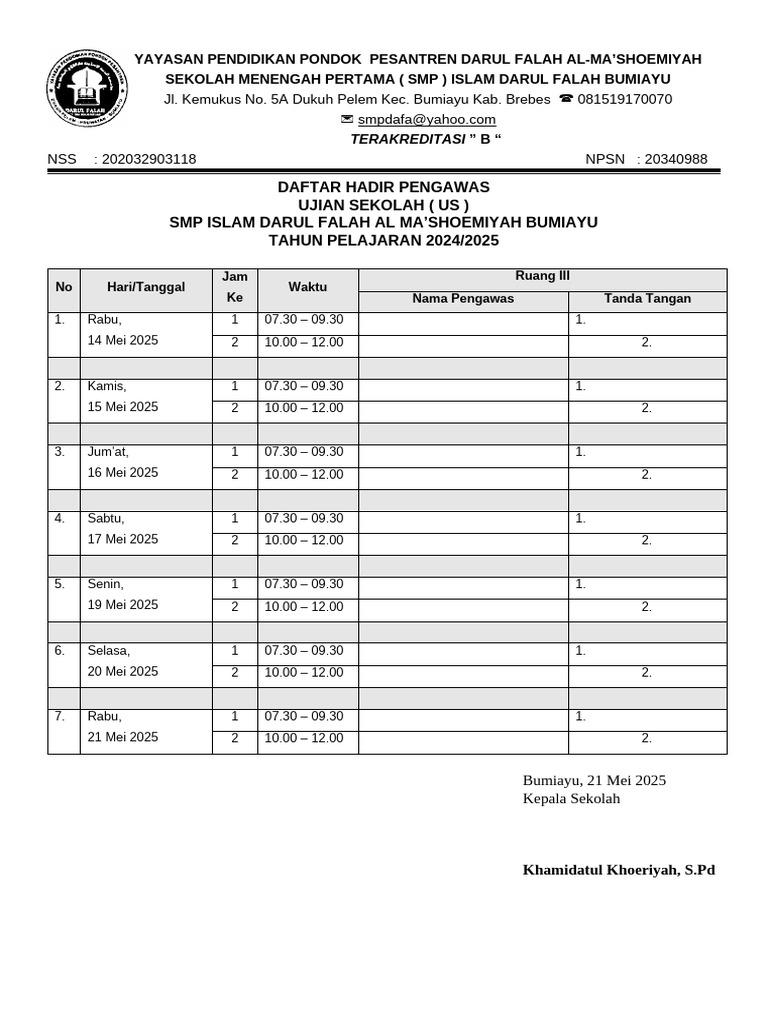 Daftar Hadir Pengawas Ujian SMP 2025 PDF
