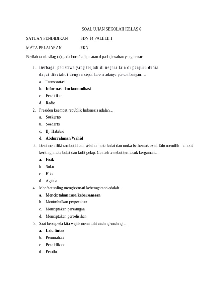Soal Ujian PKN Kelas 6 SDN 14 Paleleh PDF