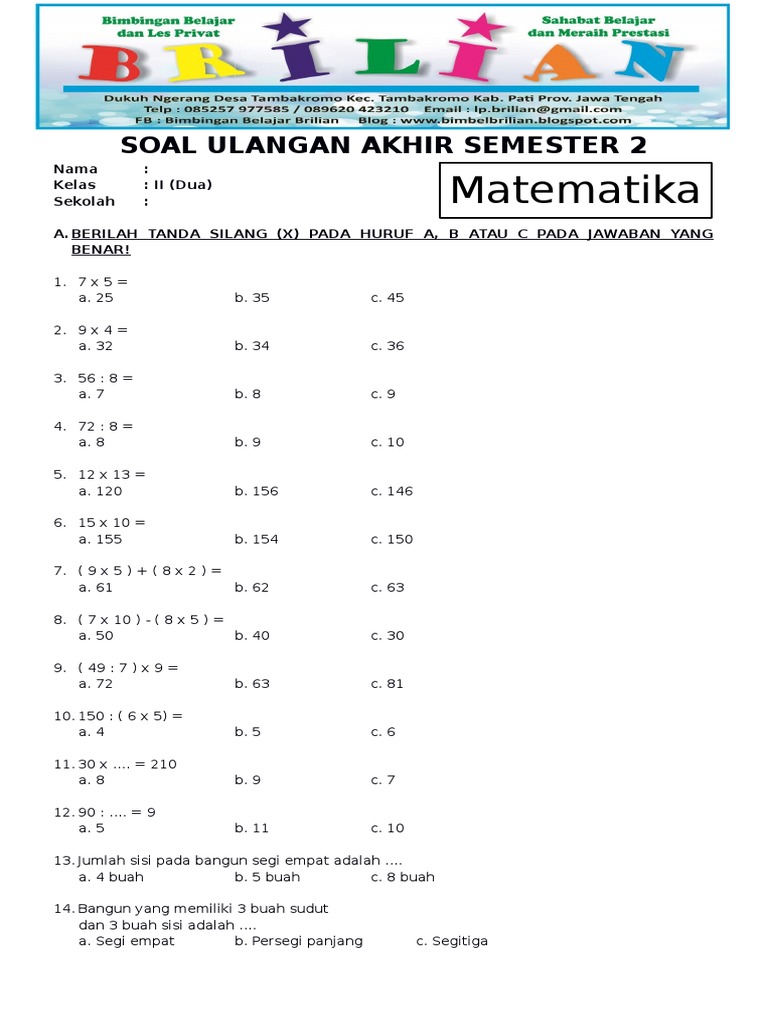 5 Contoh Soal Matematika Kelas 2 Semester 2 yang Wajib Dikuasai Sebelum Ulangan Akhir Tahun 2026