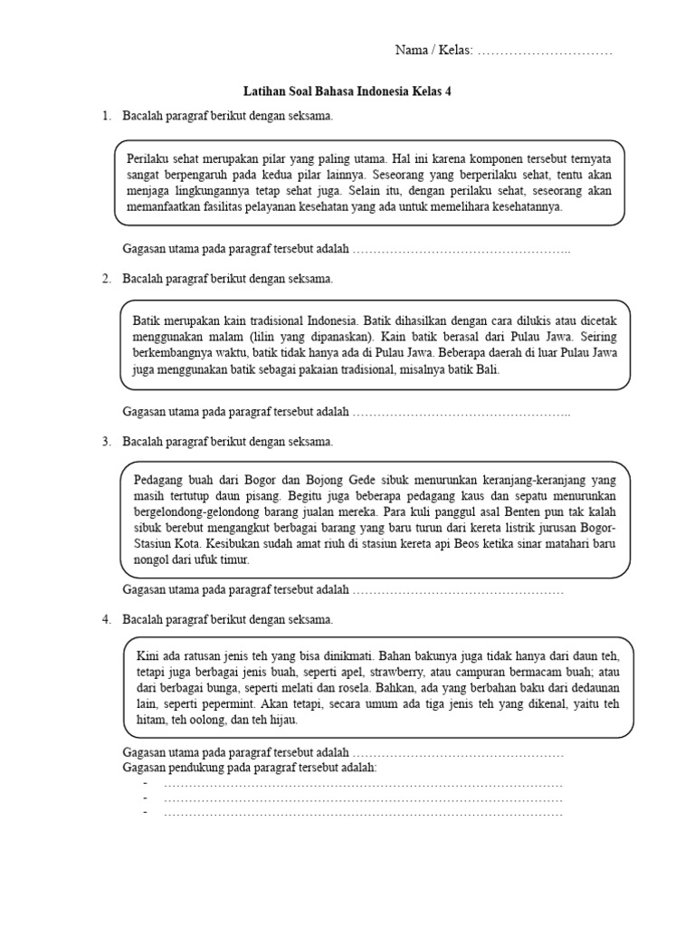 Latihan Soal Bahasa Indonesia Kelas 4 Gagasan Pokok PDF Latihan Soal Bahasa Indonesia Kelas 4 Gagasan Pokok PDF