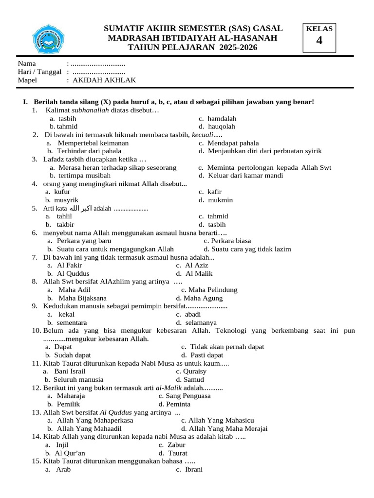 Ujian Akhir Akidah Kelas 4 MI 2025-2026 PDF Ujian Akhir Akidah Kelas 4 MI 2025-2026 PDF