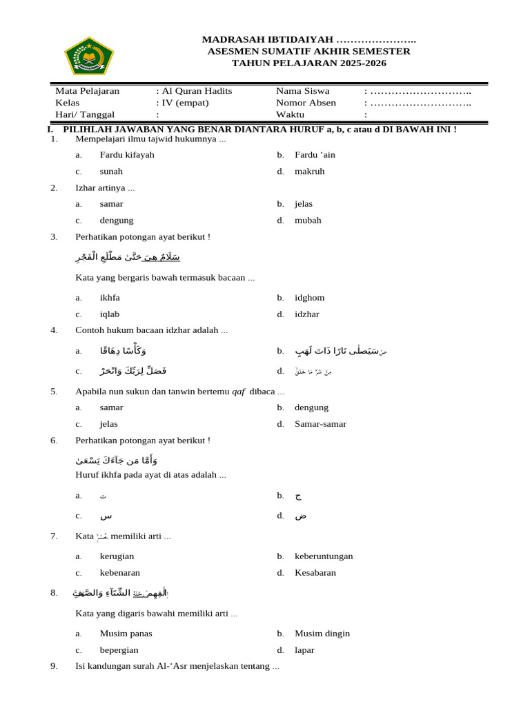 Asesmen Akhir Al Quran Hadits Kelas IV PDF Asesmen Akhir Al Quran Hadits Kelas IV PDF