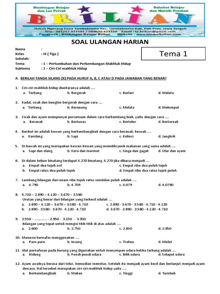 Ternyata Ini Dia Kumpulan Contoh Soal UAS Tema 1 Kelas 3 SD K13 Brainly Plus Kunci Jawaban Lengkap