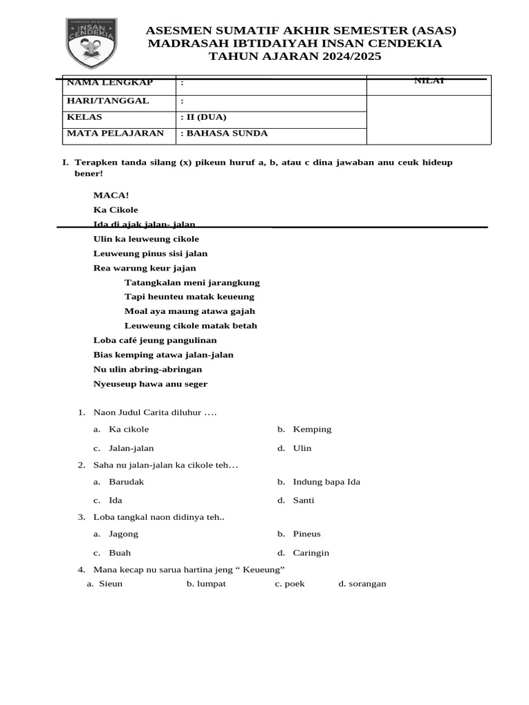 Rahasia Nilai Sempurna dengan Latihan Soal Bahasa Sunda Kelas 2 SD Kurikulum 2013 Semester 2